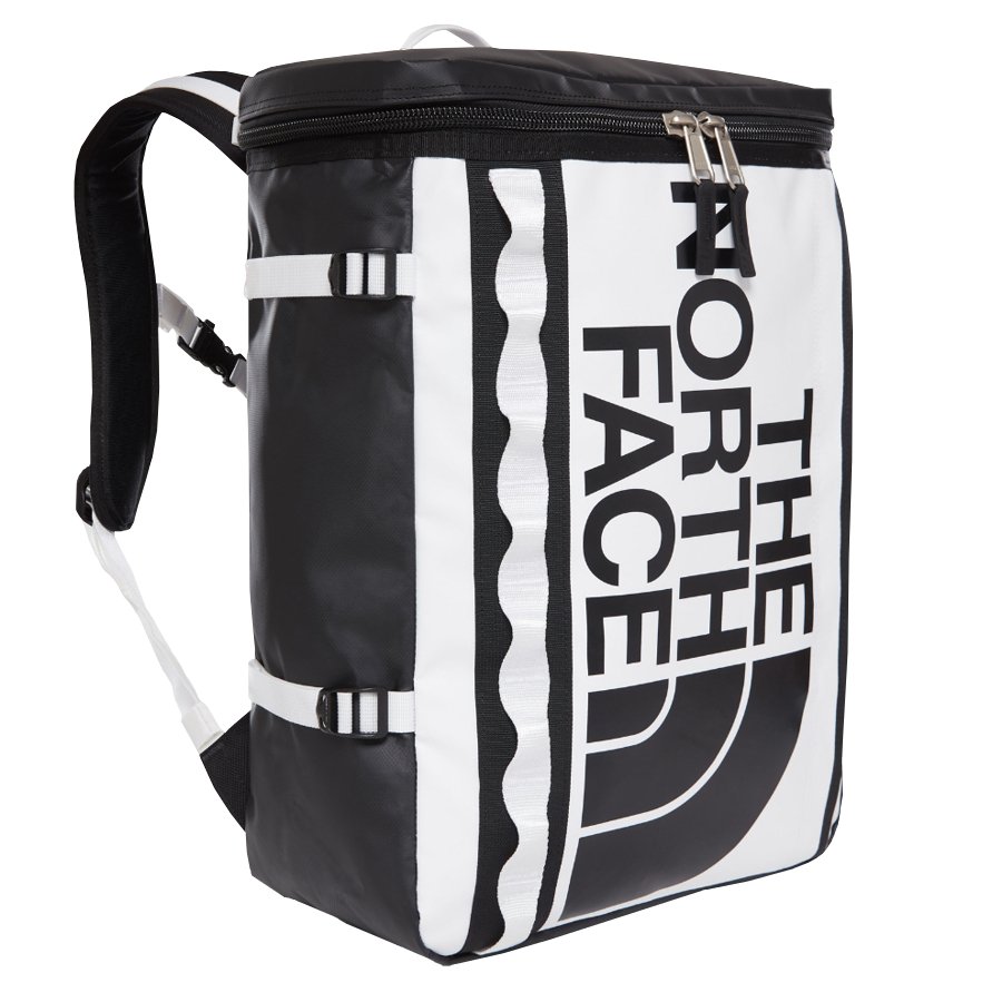 black and white north face backpack