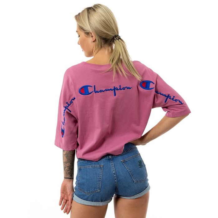 Koszulka damska Champion Reverse Weave Cropped Triple Script Logo Back t-shirt pink (112196-PS123)