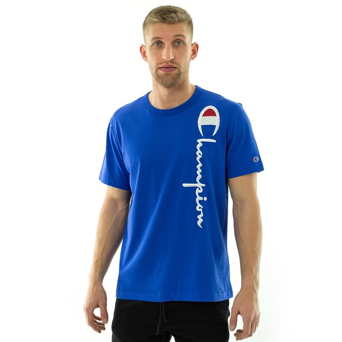 Champion t-shirt Reverse Weave Vertical Script Logo Back blue