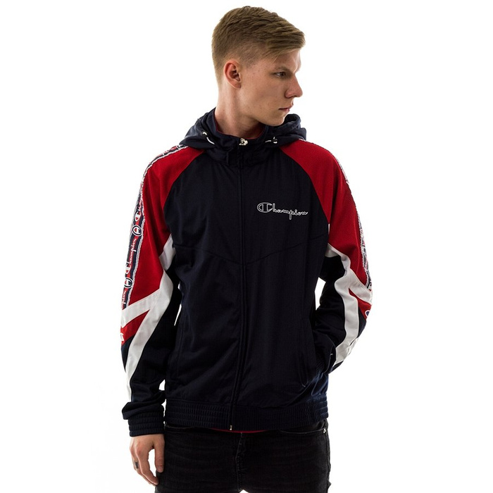 Bluza męska Champion hoody Reverse Weave Archive Jacquard Logo Tape Hooded Track Jacket navy / red (213048/S19/BS501)